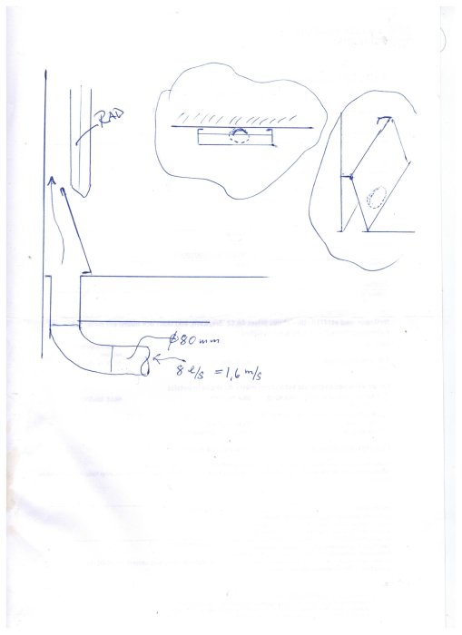 Schematisk ritning över ventilationssystem med måttangivelser och noteringar för installation i golv.