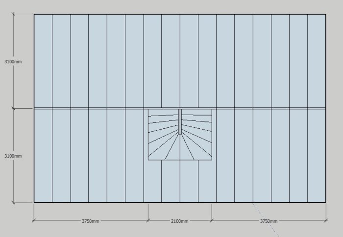 Ritning av golvbjälklag med dimensioner och position för centralt placerad bärlina i hus.