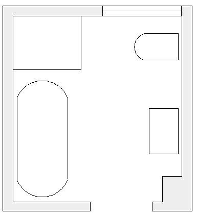 Ritning av ett badrumsförslag med öppen layout, inklusive badkar, dusch, handfat och toalett.