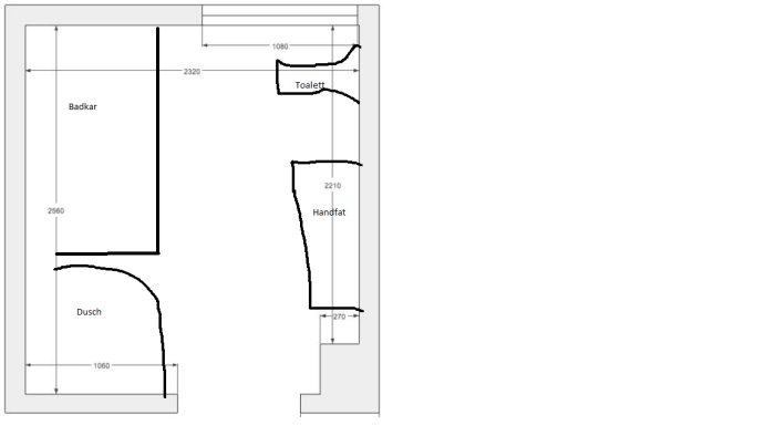 Schematisk ritning av ett badrum med markerade platser för badkar, dusch, toalett och handfat samt måttangivelser.