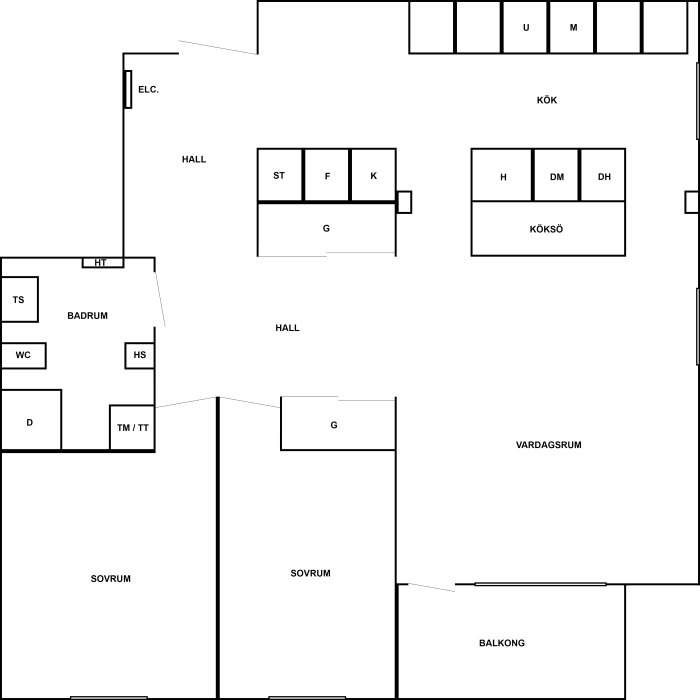 Schematisk planritning av bostadsrättslägenhet i samband med elrenoveringsprojekt.