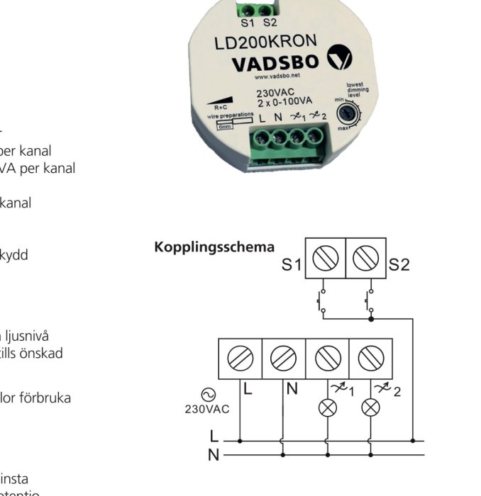 Vadsbo krondimmerdosa LD200KRON med teknisk specifikation och kopplingsschema.