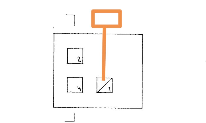 Schematisk bild av en kaminanslutning med numrerade komponenter och anslutningsväg markerad i orange.