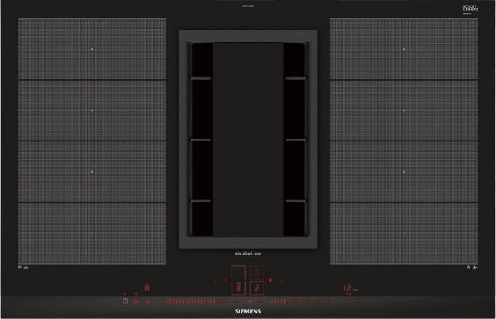 Induktionshäll från Siemens med display som visar maxeffekten 3700 W, anpassad för 16 A enfas.