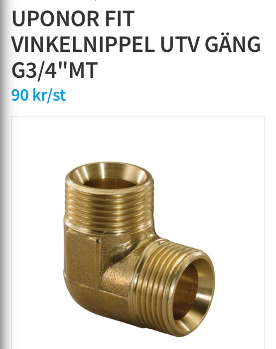 Uponor Fit vinkelnippel i mässing med utvändig gänga G3/4" för golvärmekoppling.