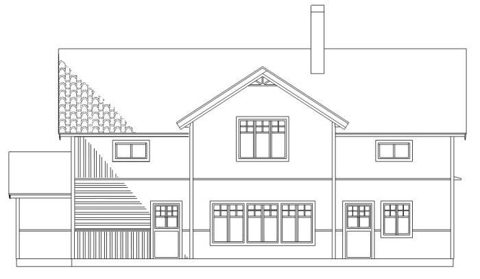Arkitektritning av en husfasad med flera fönster och en delvis synlig takkonstruktion.