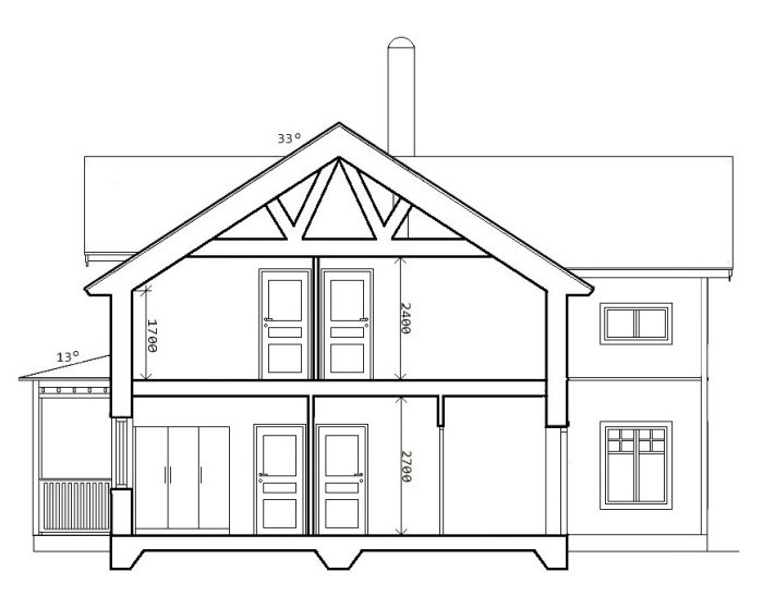 Arkitektritning av en husfasad med markeringar för mått och takvinklar, söker feedback på designen.