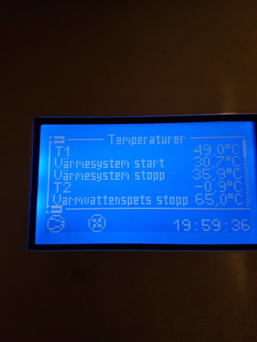 Digital display av en styrenhet som visar temperaturer för uppvärmningssystem med tider för start och stopp.