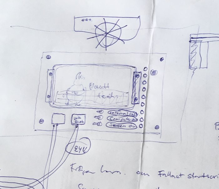 Skiss av användarinterface med skärm och knappar för en anpassad skeppsdator monterad i träpanel.