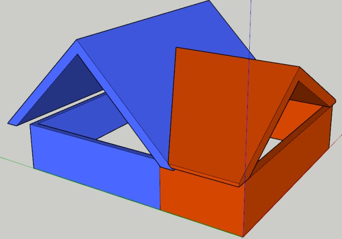 3D-Sketchupmodell av hus med blått befintligt tak och röd tillbyggnad där taken överlappar varandra.