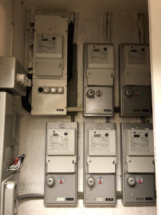 Fyra elektricitetsmätare i skåp med synliga ledningsrör på en källarvägg.