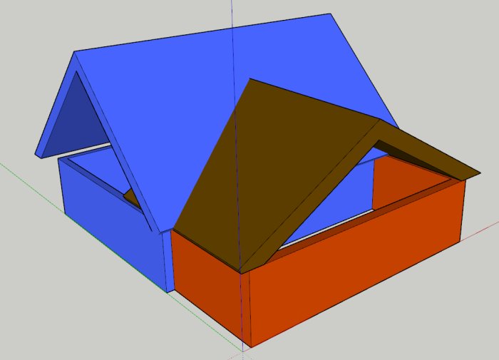 3D-modell av ett förenklat byggnadsprojekt med modifierade väggar och takstruktur.