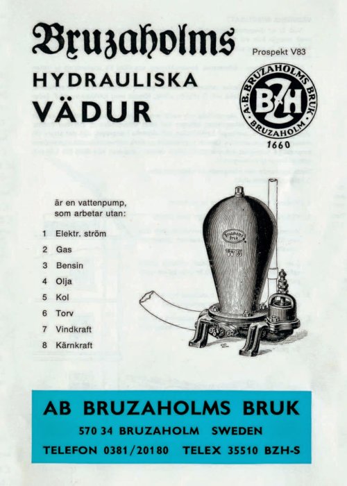 Gamla annonsen för Bruzaholms hydrauliska vädurpump, listad utan el, gas eller andra energikällor.