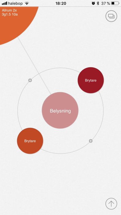 Elplaneringsdiagram som visar gruppering av belysning och brytare i ett allrum.