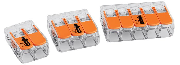 Transparenta WAGO klemmar för 1, 2 och 4 kablar med orange spakar och svart text.