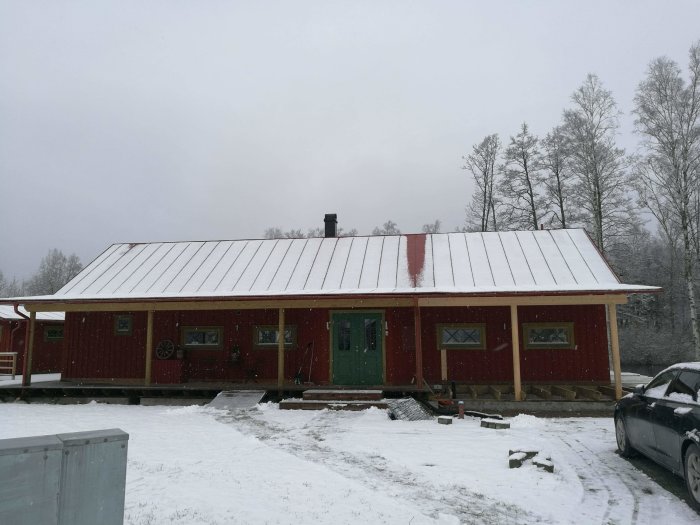 Röd stuga med vita snöbeklädda tak, varvid smältvatten formar en röd linje där takdelen möts.