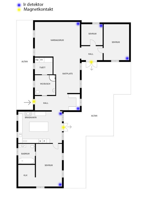 Husriss med markerade positioner för IR-detektorer och magnetkontakter för planerad installation av SPC-larm.