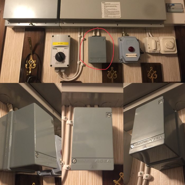 Grå låda märkt ASEA, möjlig transformator, ansluten till el-centralen i en 70-talsvilla.