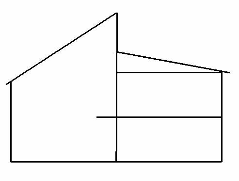 Enkel skiss av ett hus med olika taklutningar, ena sidan horisontell och den andra lutande.