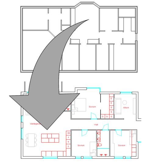 Schematisk bild av husets planlösning med markerade vatten- och avloppsledningar för köksrenovering.