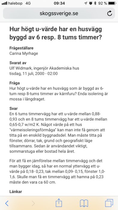 Skärmbild av forumdiskussion om u-värden för timmerväggar i byggnader och jämförelse med modern isolering.