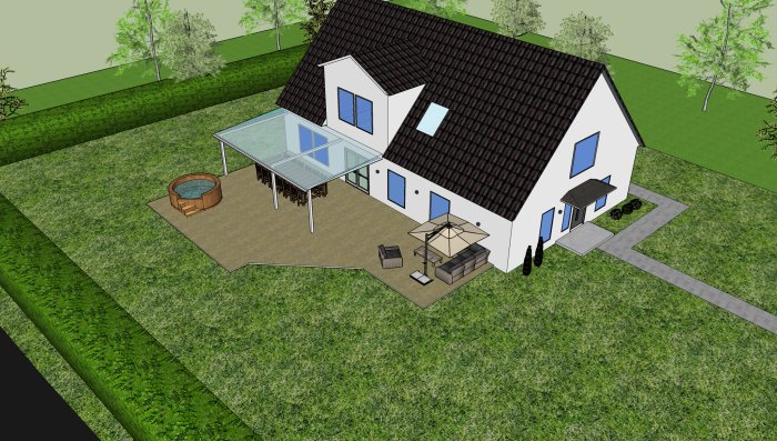 3D-rendering av ett vitt modulhus med vinrött tak, terrass, trädstuga och trädgård.