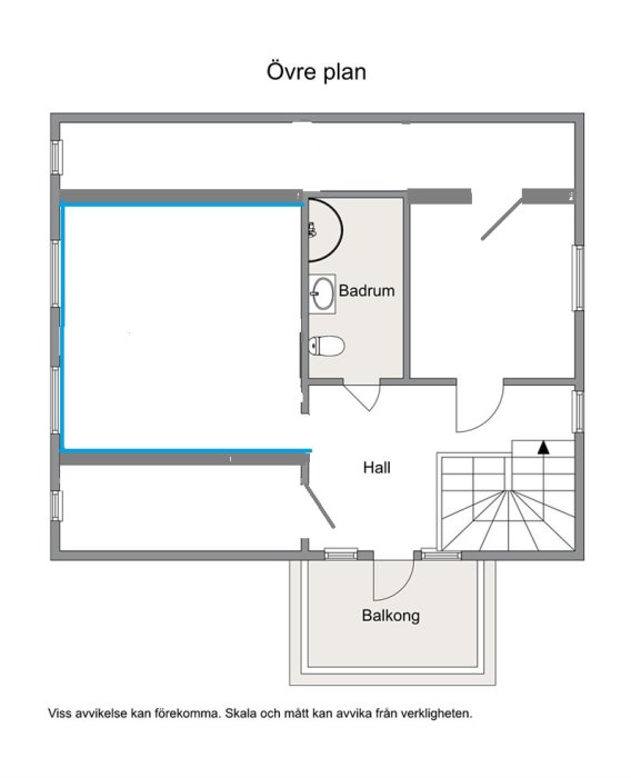 Ritning över övre plan i hus, visar hall, badrum och balkong, med markerade balkar efter renovering.