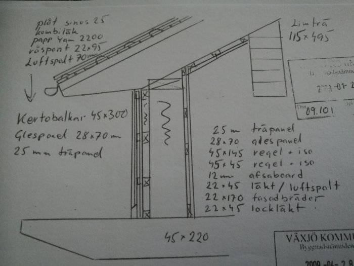 Handritad skiss av takkonstruktion med måttangivelser och byggmaterial noterade.