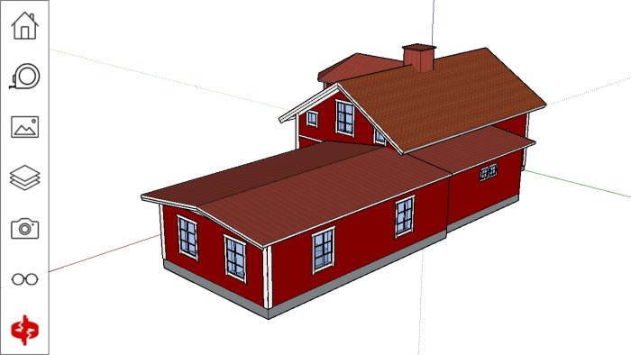 3D-modell av ett rött hus med tillbyggnad och brun takbeklädnad.