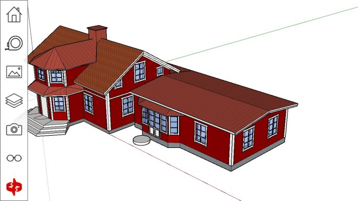 3D-modell av rött hus med sadeltak, burspråk och anslutning till befintlig byggnad.
