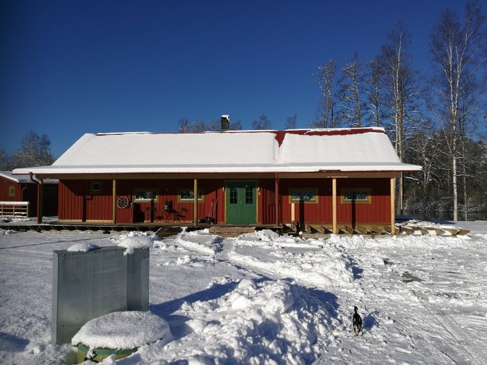 Röd trästuga med snö på taket under solig dag, omgiven av snötäckt mark och vinterträd.