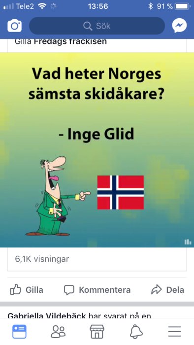 Tecknad figur som skämtsamt pekar på text "Vad heter Norges sämsta skidåkare? - Inge Glid" med Norges flagga.