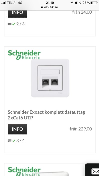 Schneider Exxact komplett datauttag med 2x CAT6 UTP portar på en vit väggplatta.