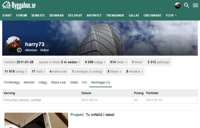 Skärmdump av användarprofil på diskussionsforum med statistik och en varning för osakligt inlägg.