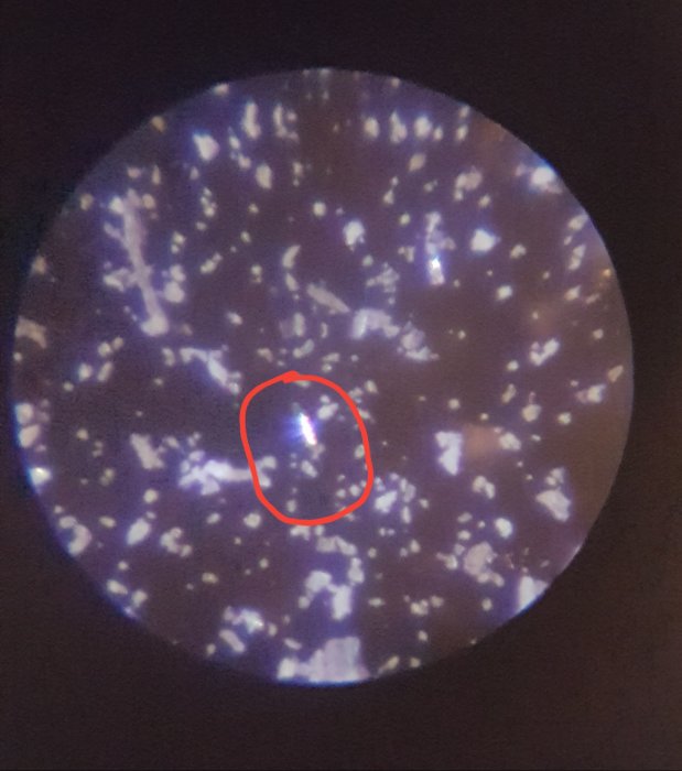 Mikroskopbild av asbestfibrer som reflekterar ljus med en markerad fiber i rött.
