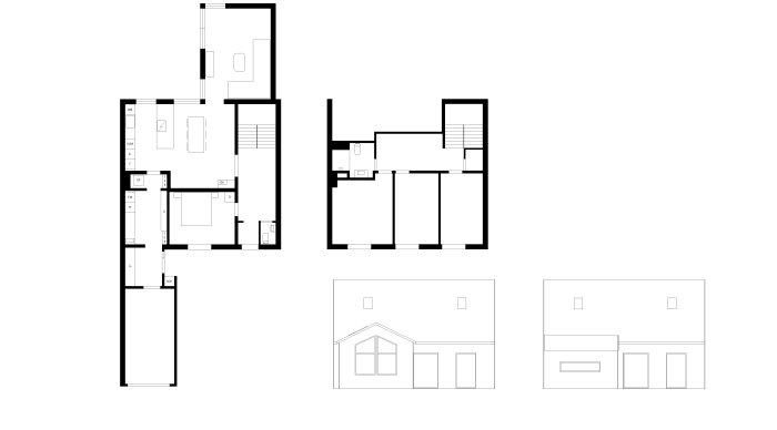 Svartvita ritningar över husets nuvarande planlösning inklusive en fasadvy.