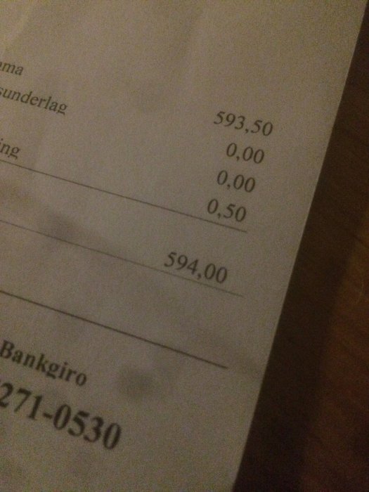 Kvitto med totalsumma 594,00 kronor, troligen intäkter från skrotförsäljning.
