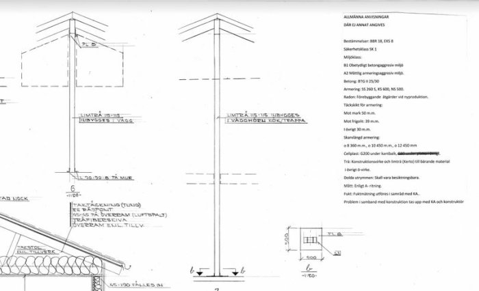 Arkitektritning med mått för takkonstruktion med limträ och stålbalkar i ett vardagsrum.