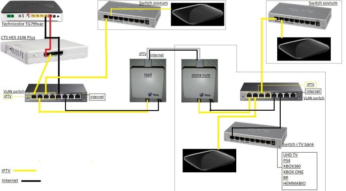 Schematisk bild av nätverkskonfiguration med olika switchar och enheter anslutna, markerade för VLAN och Internet.