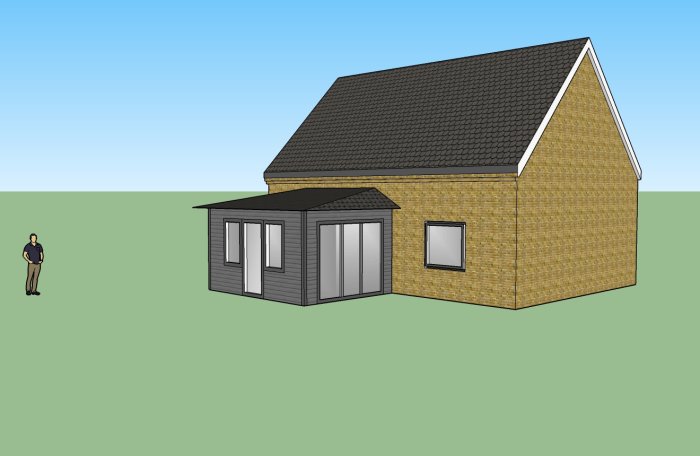 Skiss i Sketchup av ett hus med tillbyggnad och en funderande person vid sidan.