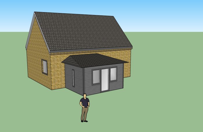 3D-modell av ett hus med tillbyggnad skapad i Sketchup, inkluderar en figur framför huset.