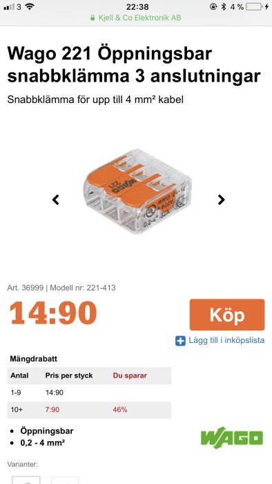 Wago 221 öppningsbar snabbklämma med 3 anslutningar för kabel, visad på produktwebbsida.