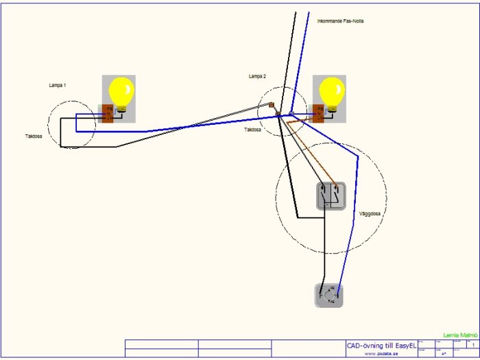 Inkopplingsschema med två lampor, en väggdosa och tre Wago-kopplingar.