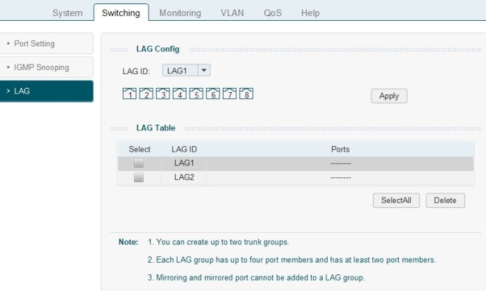 Skärmbild av LAG Config gränssnitt med alternativ för portinställningar och en LAG Table med LAG ID LAG1 och LAG2.