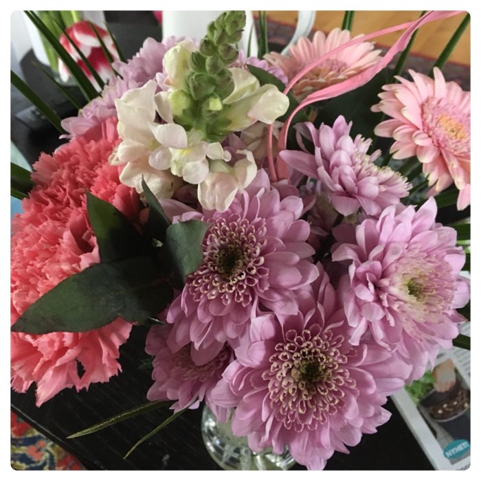 Bukett med rosa och vit blommor, inklusive gerbera och nejlikor, presenterade på Alla hjärtans dag.