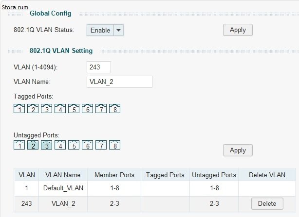 Skärmbild av VLAN-konfiguration för en nätverksswitch med inställningar för "Default_VLAN" och "VLAN_2".