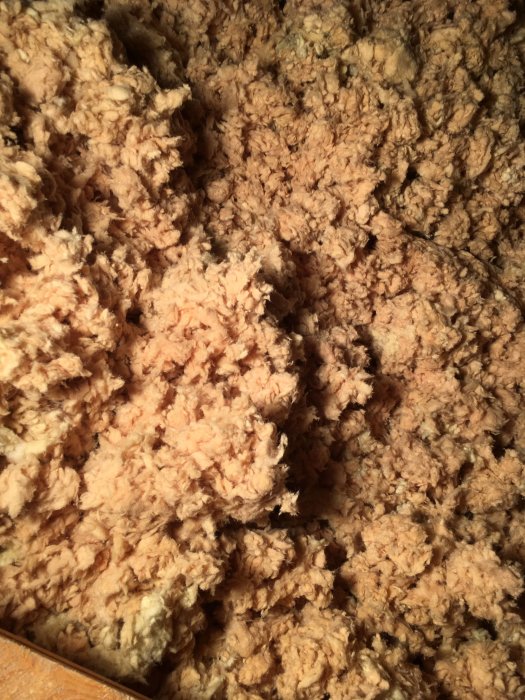 Rosafärgad missfärgning på husisolering på vinden ovanför ett badrum.