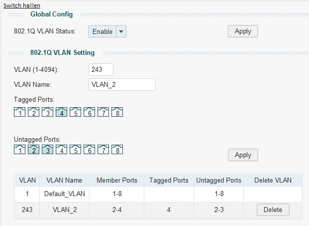 Skärmdump av switchkonfiguration med VLAN-inställningar för portar på VLAN_2.