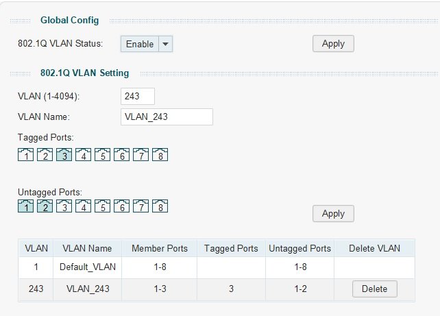 Skärmdump av VLAN-konfiguration med inställningar för VLAN 243 och portar markerade.