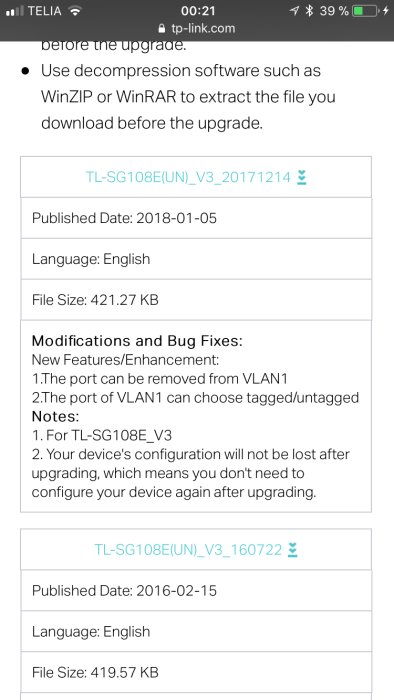 Skärmdump visar firmware-uppdatering på TP-Link webbplats med VLAN-buggfixar.